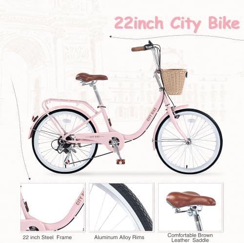 22 Inch 26 Inch City Bike Beach Cruiser Bike for Women, 7 Speed Commute Bike for Adults, Womens Bicycle with Basket Seat, Multiple Color