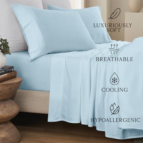 Image of KARISSA MAE Bamboo Viscose 34 inch Split Top King Size Sheet Set, FSC Certified | Single 34 inch Split Fitted Sheet | Sleep Number & Adjustable Bed | Cooling | 18 inch Deep Pocket w / Corner Straps [Coastal Blue]