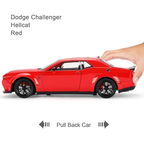 Image of WORSHIPER 1:24 Dodge Challenger SRT Exclusive Alloy Metal Pull Back Die-cast Car Model with Sound Light Mini Auto Toy for Kids for Toy Car with Sound and Light (1:24 Dodge Challenger - Red)