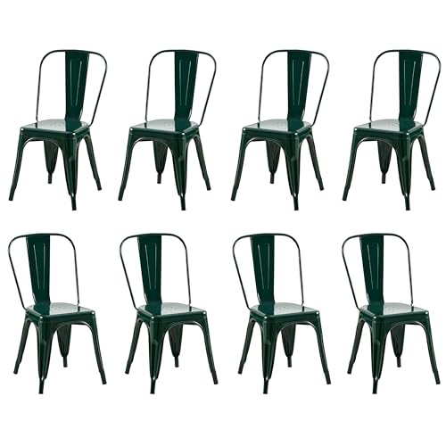 Image of Metal Dining Chairs with Backrest, Stackable, Dark Green, 8 Pack | Easy Assembly, Non-Slip Feet, 330 lb Capacity, Kitchen, Restaurant, Cafe, Pub, Covered Patio