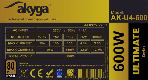 Akyga AK-U4-600 ATX - Alimentatore di rete 600W 80+ Bronze APFC P8 PCI-E 6pin 6+2pin 6x SATA - Alimentatore - Immagine 4