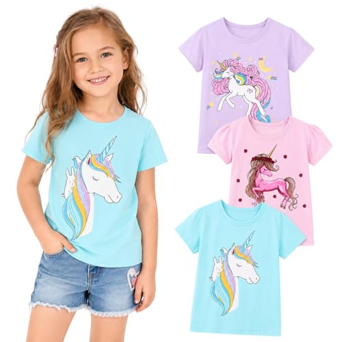 Image of Girls Graphic T Shirts 3 Pack 100% Cotton Short Sleeve Tees for Toddler Little Big Girls Cute Printed Casual Summer Tops