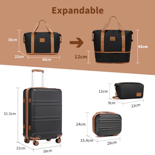 Kono 4-Piece Luggage Set, Lightweight ABS+PC Hardshell 12" Cosmetic Case and 360° Swivel 20" Carry-On Luggage with TSA Lock Includes Travel Duffel Bag and Toiletry Bag (Black/Brown) - Image 3