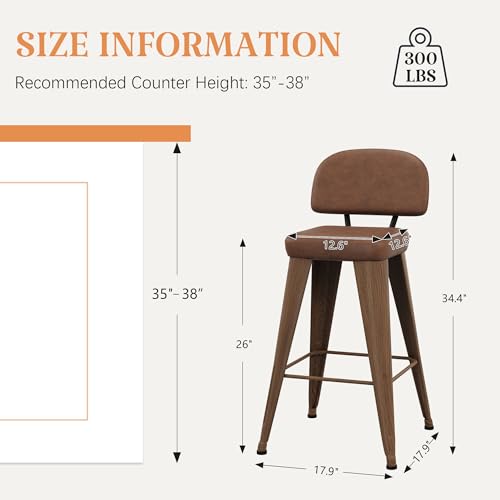 Image of Yongchuang 26 inch Bar Stools with Backs Set of 2 Modern PU Leather Counter Height Stools Upholstered Metal Kitchen Island Bar Chairs Walnut Brown