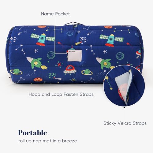 Image of PHF Soft Toddler Nap Mat with Removable Pillow, Rollup Design Kids Sleeping Mat, Slumber Bags for Boys, 55 inchx23 inch Toddler Sleeping Bag for Daycare Preschool Travel Camping, Space Star