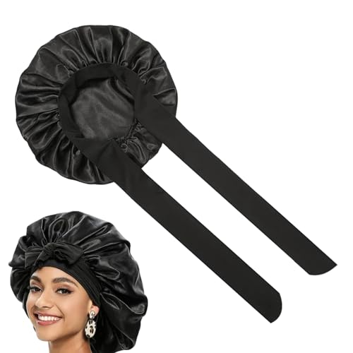 Bonnet de Nuit Satin pour Femmes,Bonnet Satin Cheveux Nuit Doux et Respirant, Bonnet Soie Cheveux Nuit Réglable pour Cheveux Longs et Bouclés, pour Dormir, Maquillage et Douche, Cadeau Noël (Noir)