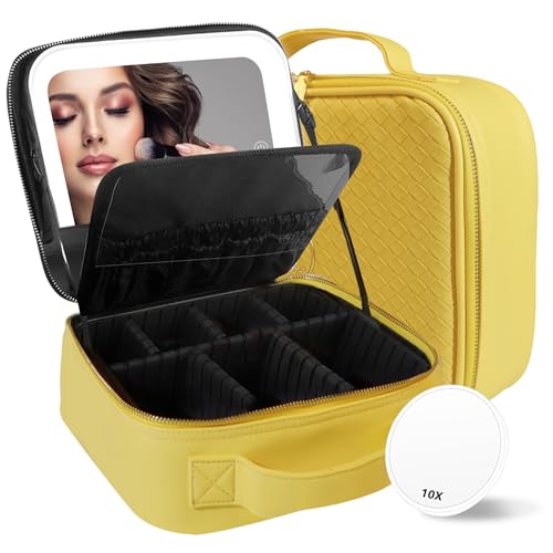 Image of Travel Makeup Bag Cosmetic Bag Makeup Organizer Bag with Lighted Mirror, Adjustable Brightness in 3 Color Scenarios, Waterproof Makeup Train Case, Gift for Women - Light Yellow(Woven)