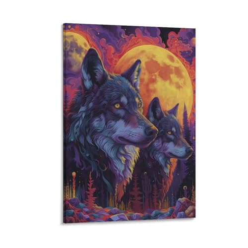 Les loups au clair de lune peinture sur toile déco murale