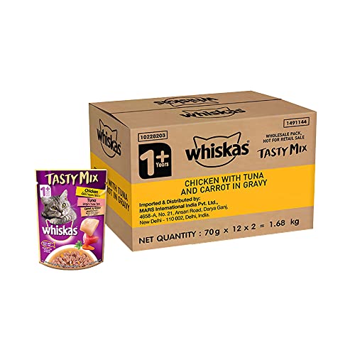 Whiskas Adult (1+ year) Tasty Mix Wet Cat Food Made With Real Fish, Chicken With Tuna And Carrot in Gravy - Pack of 24 (1.68kg)