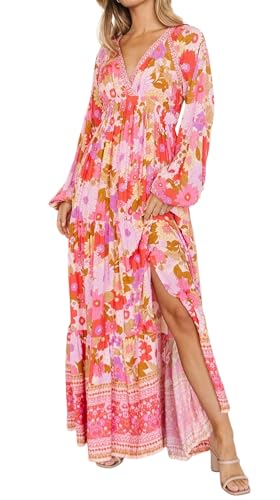 R.Vivimos Women's Boho Floral Print Maxi Dress V Neck Long Sleeve Elastic Waist Casual Flowy Slit Long Sundress (Medium, Pink)