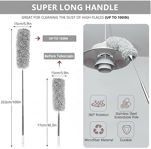 Image of Microfiber Ceiling Fan Duster with Extendable Long Handle | Washable Fan Cleaning Brush with Bendable Head | Ceiling Cleaner for Fan, Walls, Cobweb, AC & Home Cleaning