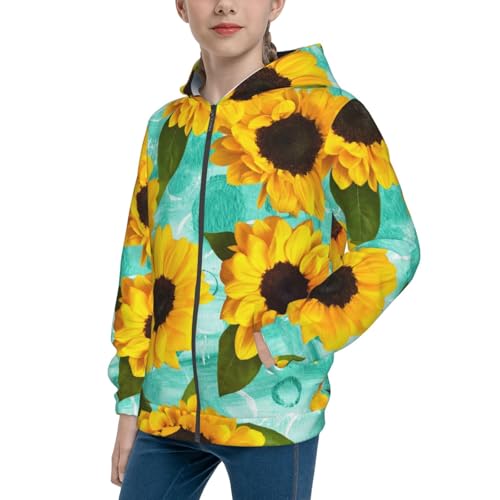 Yellow Sunflowers With Green Leaves Kids Pullover Hoodies Boys Zip Up Sweatshirts Girls Athletic Clothes with Pocket