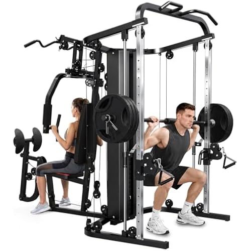 SunHome Multifunction Home Gym Equipment Workout Station, Smith Machine with 138LB Weight Stack, Leg Press, LAT Station for Full Body Training