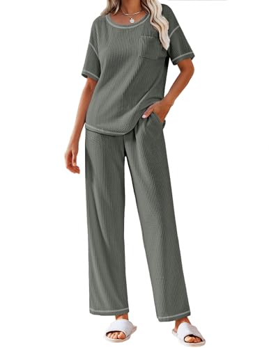 Ekouaer Women Waffle Knit Lounge Sets Short Sleeve...