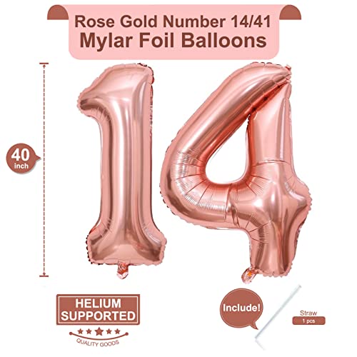 Image of 40 Inch Rose Gold 14 Number Balloons Giant Jumbo Huge 14 41 Foil Mylar Helium Number Digital Balloons Rose Gold Birthday Mylar Digital Balloons 14th Birthday Anniversary Events Party Decorations