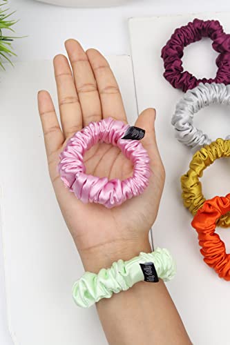 Image of Premium Satin Scrunchies for Women | Hair Bands, Ponytail Holders & Rubber Bands | Skinny, Fluffy, No-Damage Hair Ties | Girls Hair Accessories | Small Size | Pack of 6
