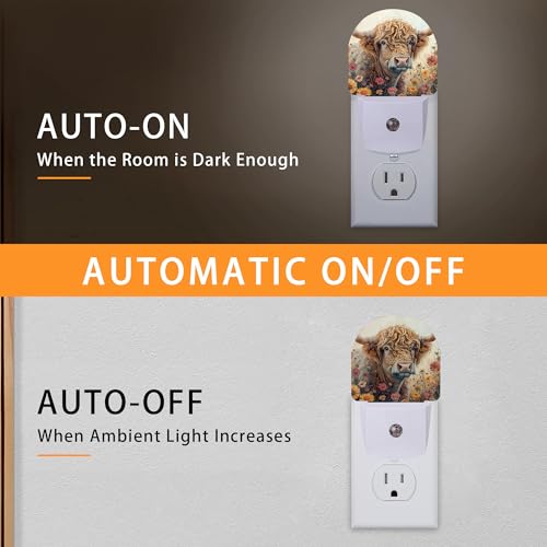 Image of Highland Cow Wildflowers Night Light,Night Lights Plug into Wall with Dusk to Dawn Sensor,Lamp for Bedroom Bathroom Hallway Nightlight for Women Girls