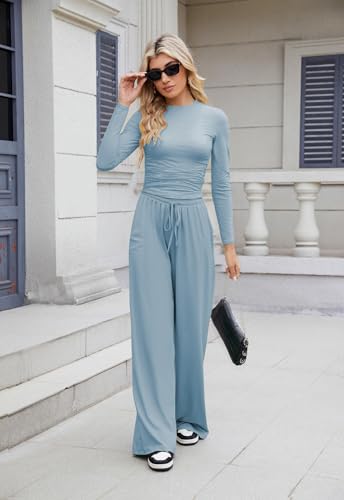 Nimsruc Womens 2 Piece Lounge Sets 2025 Ruched Long Sleeve Tops Wide Leg Pant Sets Tracksuit Autumn And Winter3