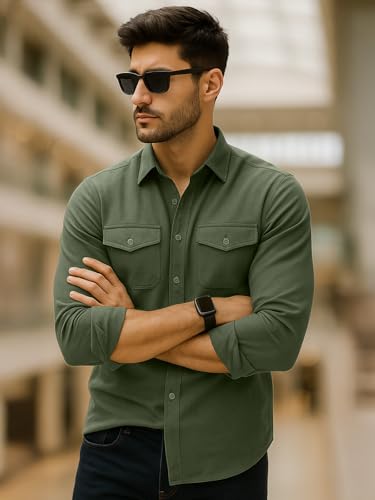 Image of Veirdo Men's Pure Cotton Utility Shirt | Full Sleeve Casual Button-Down with Dual Chest Pockets | Stylish & Comfortable Everyday Wear | Colors: Beige, Black, Maroon, Olive, Rust & White