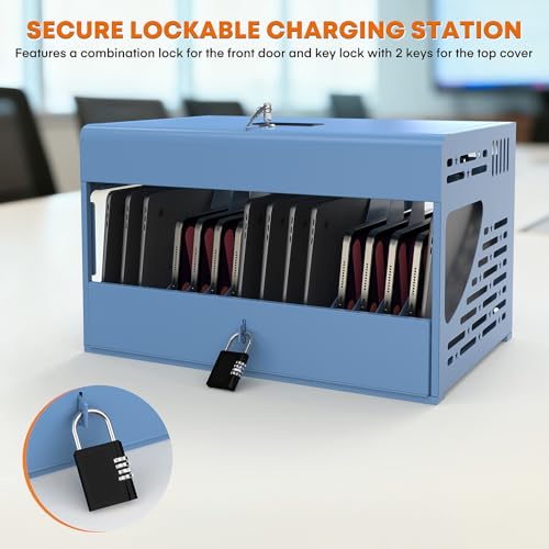 Image of 16-Device Laptop Charging Station for 13 inch Chromebook and iPad, Wall-Mount /Desktop Charging Cabinet Lock Box with Cable Management, 2 Locks, Ideal for Classrooms, Offices & Hospitals (Blue)