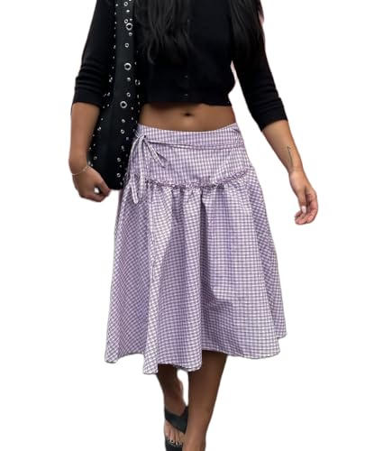 Women Y2K Plaid Midi Skirt Adjustable Tie Up Waist A-Line Gingham Ruffle Skirt Fashion Aesthetic