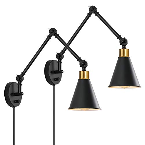 Swing Arm Wall Light Fixture with Dimmable Switch, Set of 2 Plug in Wall Sconce Lamp, Farmhouse Wall Reading Light for Bedroom Living Room Hallway, Brass