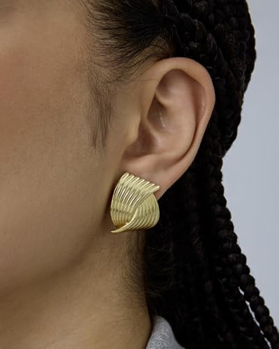 Image of PAVOI 14K Gold Plated Chunky Vintage Earrings for Women - Trendy Textured Ribbed Knot Geometric Triangle Rope Button Seashell Wing Dangle Drop Stud Earring