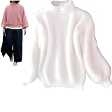 KEYULI Lady Winter Angora Cashmere Blend Loose Warm Sweater, Solid Color Crewneck Knit Pullover Sweater Fluffy Plush Jumper (White,One Size)