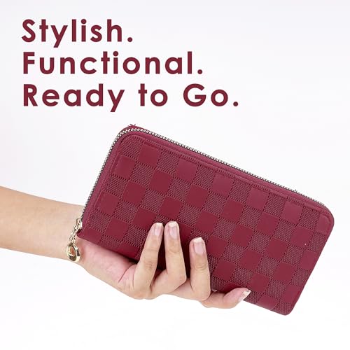 Checkered Zip-Around Wallet for Women, Faux Leather Credit Card and Cash Holder, Long Clutch Phone Purse, Red4