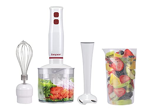 BEPER P102FRU200 Stabmixer Set 4-in-1,400 W, Mixer, Zerkleinerer 500 ml, Peitschale, Messbecher 700 ml, Turbo-Funktion, Weiß/Rot