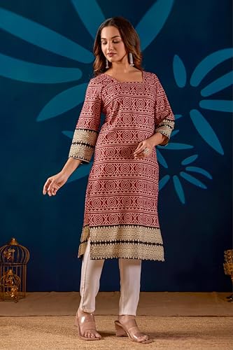 Image of Women's Pure Cotton Straight Fit Straight Cambric Jaipuri Printed Kurti