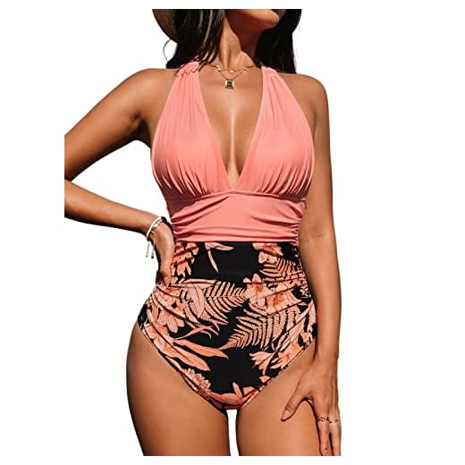 CUPSHE Maillot De Bain Une Pièce pour Femme Col V Licou Dos Nu Froncé Amincissant Contrôle Ventre Vintage Swimsuit Rose Corail M