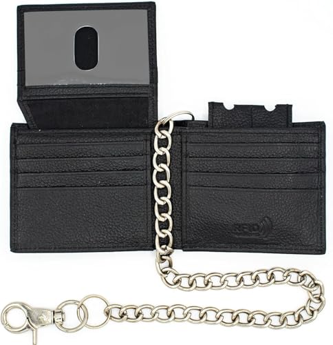 Juzar Tapal Collection Genuine Leather RFID Blocking Bifold Wallet for Men, Stylish Bifold, Stainless Chain, Flip-up Window ID (J521BF-WC, Black)