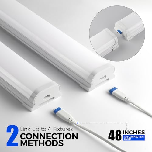 Image of Barrina LED Shop Lights for Workshop 4FT, 5000K Daylight White, 45W, 5000LM, Hidden Wiring, Linkable 4FT Light Fixture Cord with ON /Off, Frosted Cover, LED Ceiling Light for Garage, Kitchen, 2 Packs