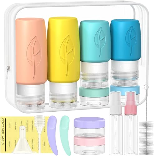 KEEHOM Confezione da 17 bottiglie da viaggio per articoli da toeletta, contenitori da viaggio in silicone senza BPA, ricaricabili, comprimibili, a prova di perdite, accessori essenziali da viaggio per