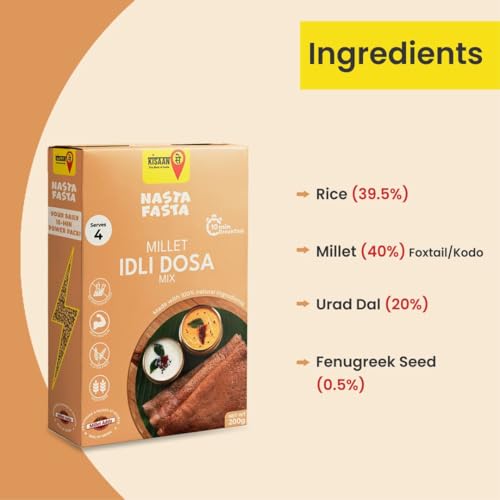 Image of KisaanSay Nasta Fasta Ready to Eat Millet Idli /Dosa Mix 400 gm (200 gm*2) | High Protein & Nutrition | Instant Breakfast Mix | Dosa Batter | Healthy Snack for Family | Cooks in 10 Minutes
