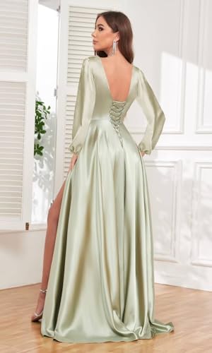 Long Sleeve Satin Bridesmaid Dresses for Women with Pockets V Neck Pleated Formal Evening Gowns2