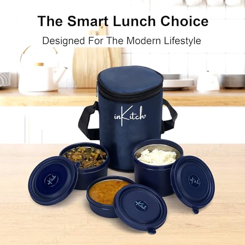 Image of Microwave Safe Lunch Box Set with Bag, 3 Containers (250 /400 /500 ml), Blue | Outer Plastic & Inner Stainless Steel Tiffin Box | Leakproof Lunch Boxes