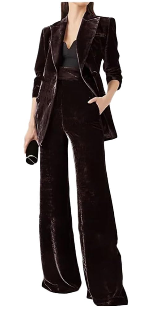 Mi Bo Tong 2 PC Velvet Women Pant Suit Peak Lapel Prom Party Suit Double Breasted Office Lady