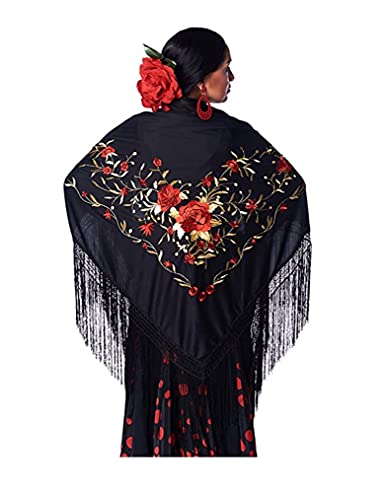 Flamingo Peak Shawl with Fringe - Red-Gold Embroidery - Large 190X90cm, Black/White, L2