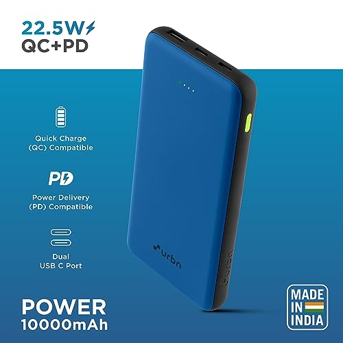 Image of URBN Power Bank 10,000mAh - Ultra Slim, 22.5W Two Way Fast Charging, Triple Output, Dual Type C PD, 12 Layers Circuit Protection, BIS Certified, 6 Months Warranty Free Type C Cable - Bright Blue