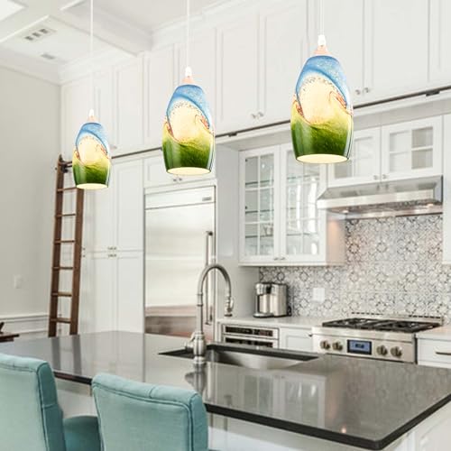 Image of GO&SO Blue-green Glass Lamp Shade 3Pcs,7.8 inch H x 4 inch D,Oval Pendant Light | 1.57 inch Fitter E26 Base,Hand-Blown Art Fixtures,Chandelier Shades for Kitchen Island,Hanging Light Shades