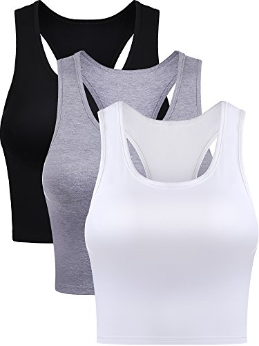 3 Pieces Crop Tops for Women, Workout Tops Basic Cropped Tank Tops Sleeveless Racerback Sports Gym Crop Tank for Teen Girls Black, White, Grey