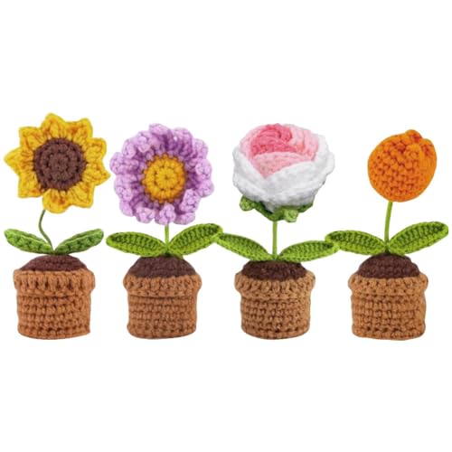 YANGSHINE - Juego de 4 mini flores artificiales en maceta hechas a mano con ganchillo, girasol, margarita, tulipán para el hogar, oficina, coche, color #10