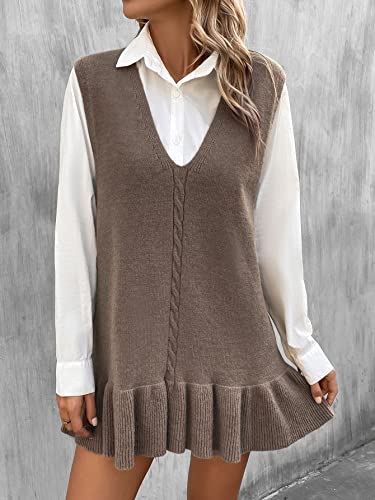 Shenhe Women's V Neck Sleeveless Ribbed Knit Ruffle Hem Sweater Vest Mini Dresses Mocha Brown L #TOP3