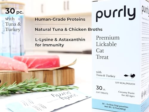 Image of Purrly Lickable Cat Treat Healthy Human-Grade Tuna & Turkey with L-Lysine & Astaxanthin for Immunity (30 Count) Soft Low Calorie Hydrating Interactive Snack Wild-Caught Farm-Grown Grain-Free