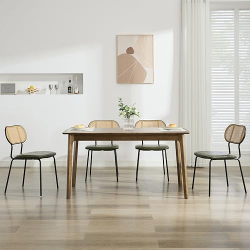 TYBOATLE Dining Chairs Set of 4 Rattan Kitchen Chairs GreenLeather Boho Dining Room Chairs Mid Century Modern Woven Upholstered Chair with Metal Leg Cane (4, Green)