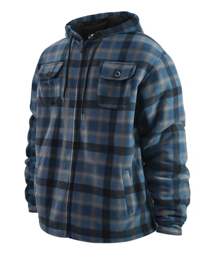 Image of TanBridge Men's Cotton Plaid Shirts Jacket Full Zip Fleece Flannel Sherpa Lined Hoodies Heavyweight Hoodies Jacket for Men