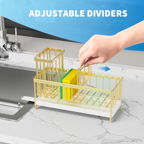 Image of Cisily Sponge Holder for Kitchen Sink, Sink Caddy Organizer with High Brush Holder, Kitchen Countertop Organizers and Storage Essentials, Rustproof 304 Stainless Steel (Gold, 9.25″)