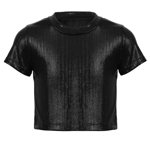 Image of 2025 Shiny Metallic Crop Top Kids Short Sleeve Dance T Shirt Casual Concert Sequin Tee Party